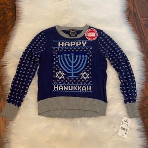 Happy Hanukkah Kids Sweater Blue & Silver Reversible Sequins New With Tags
